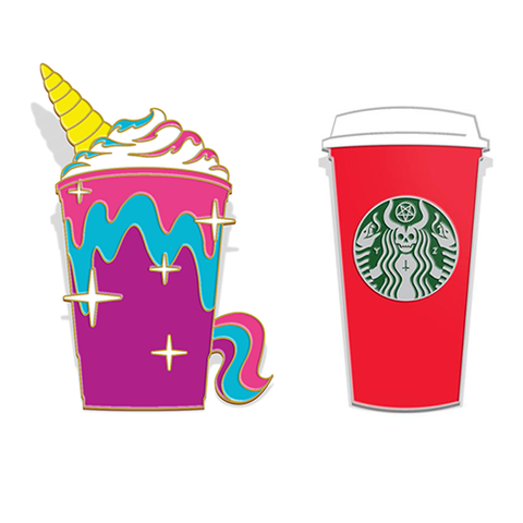 "Unicorn & The Red Cup" Enamel Lapel Pin SET